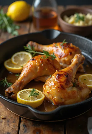 Coxas de frango assadas douradas, com pele crocante e decoradas com ervas frescas
