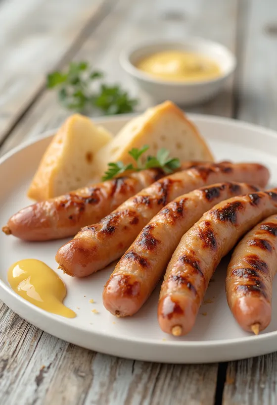 Salsicha frita até dourar com pele estaladiça, servida com mostarda e pão fresco.