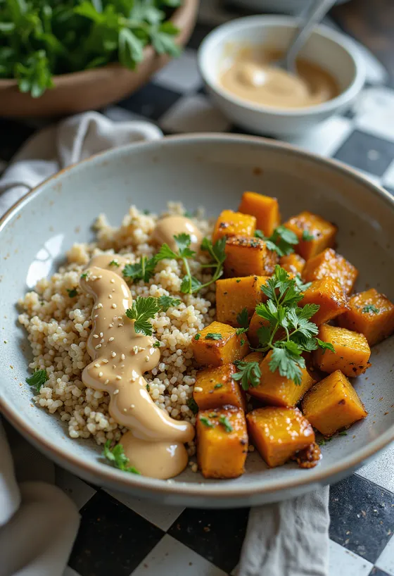 Buddha Bowl de Quinoa e Abóbora com Tofu de Lima e Tahini de Caril servido