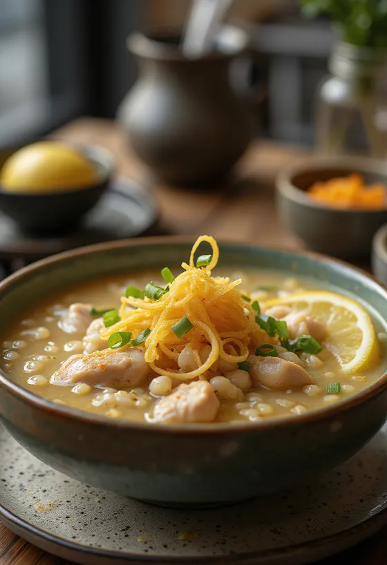 Arroz Caldo com frango, uma tigela de sopa com sabores ricos e textura de arroz