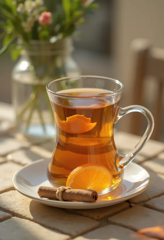 Chá de mel e especiarias numa caneca, decorado com pau de canela e rodela de limão