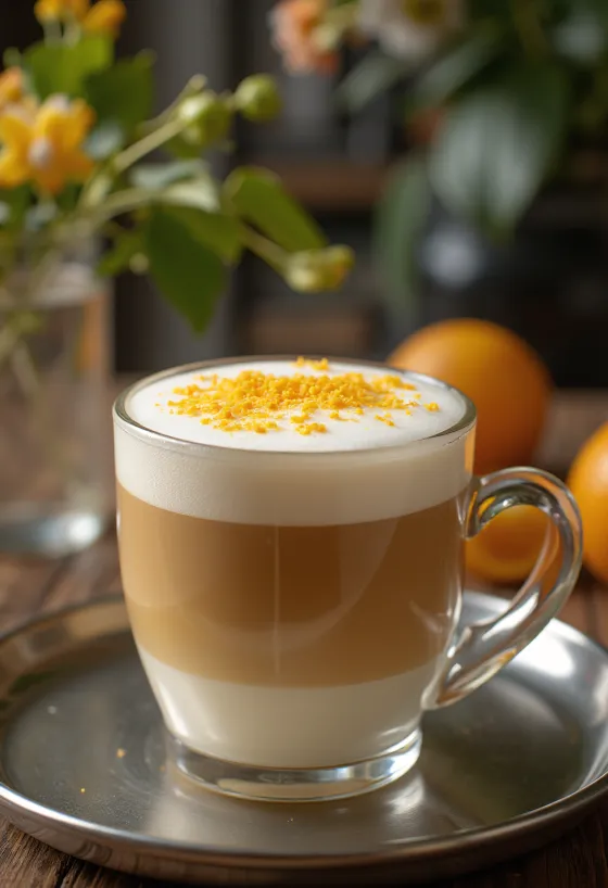Bebida de café latte de laranja e baunilha decorada com natas batidas e fatia de laranja