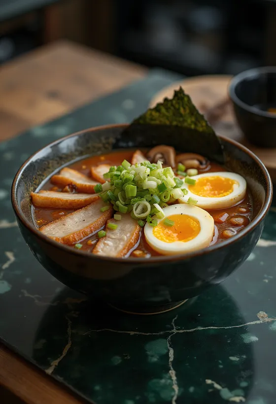 Pork belly ramen servido com carne de porco assada lentamente
