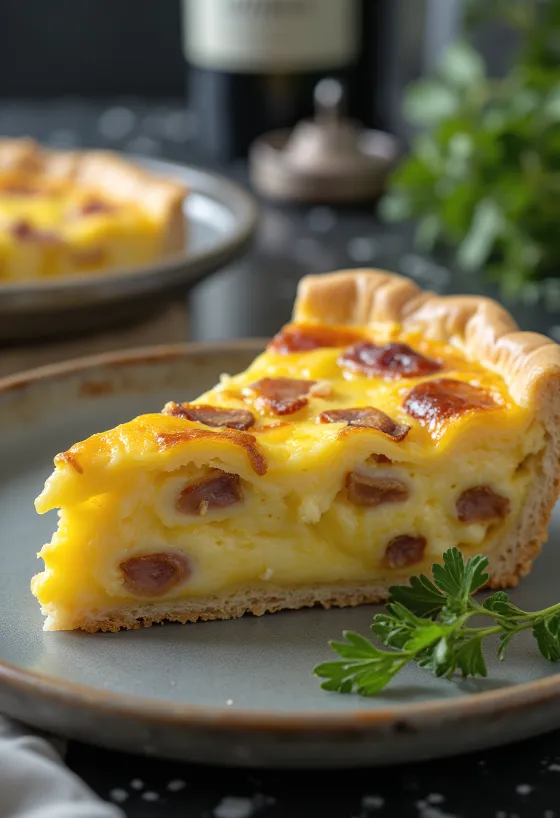 Quiche Lorraine clássica, em massa friável estaladiça com recheio cremoso, pedaços de bacon e queijo.