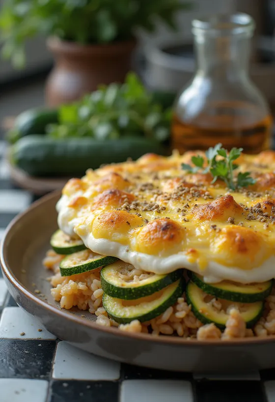 Travessa de empadão de curgete com camadas de arroz e carne, gratinado no forno
