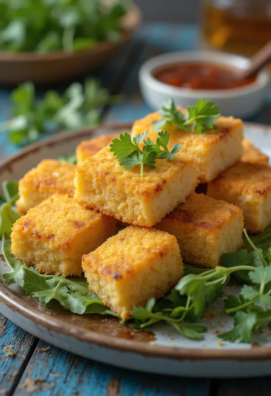 Tofu frito com farinha de grão-de-bico, pedaços de tofu crocantes servidos com coentros frescos
