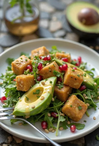 Tofu assado com abacate e romã
