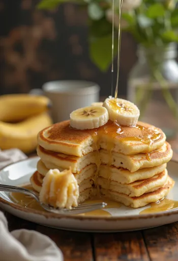 Panquecas de banana servidas com frutas frescas e mel.