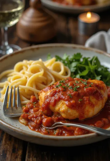 Prato de massa sem glúten com frango estufado e azeitonas