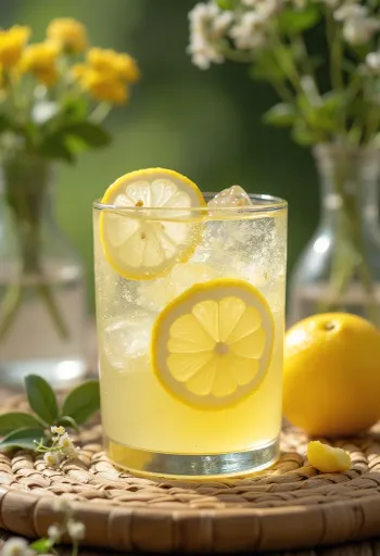 Bebida frutada de cider de limão e sabugueiro decorada com rodela de limão e flor de sabugueiro