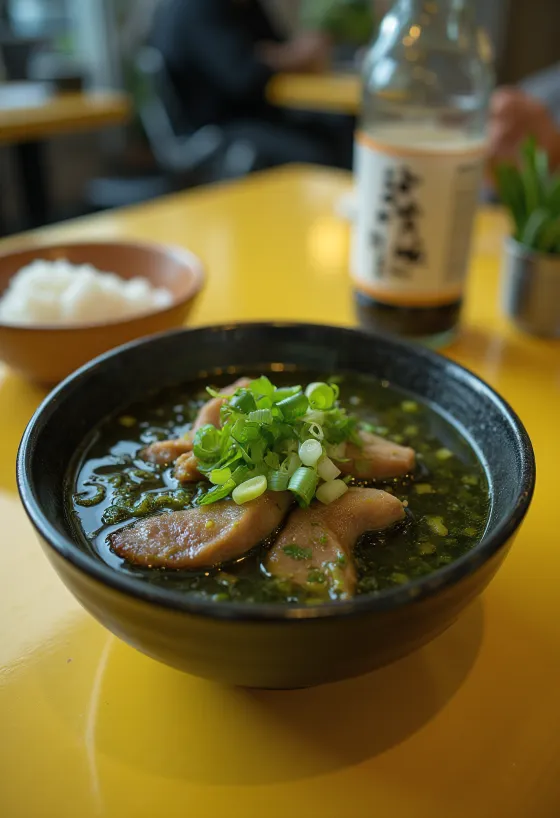 Miyeokguk com carne fumada servida com cebola fresca