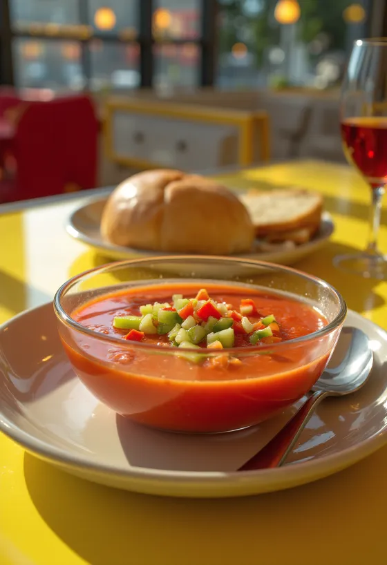 Gaspacho fresco servido gelado, decorado com vegetais picados