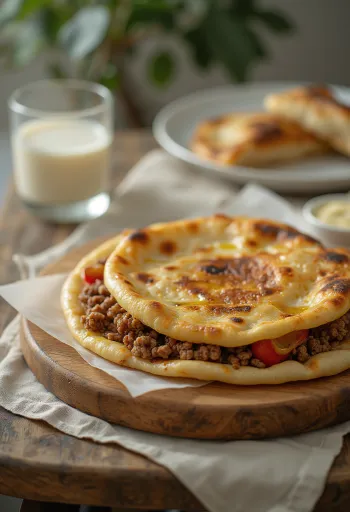 Gözleme com carne picada servido como um pão crocante e dourado