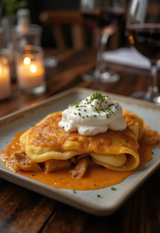 Crepes de carne à Hortobágy servidos com natas azedas e salsa fresca.