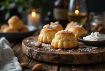 Bolos Mandelkubb servidos com natas azedas, polvilhados com amêndoa picada grosseiramente