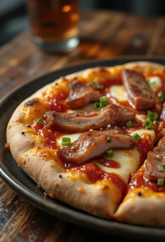 Pizza chinesa de carne de porco Char Siu servida