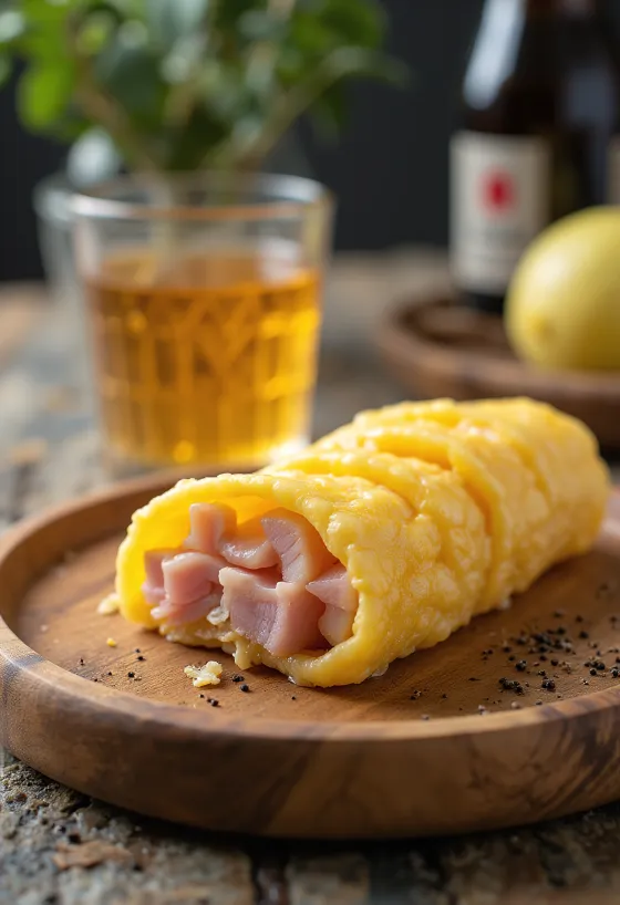 Tamagoyaki com fiambre, servido com molho de soja e mirin