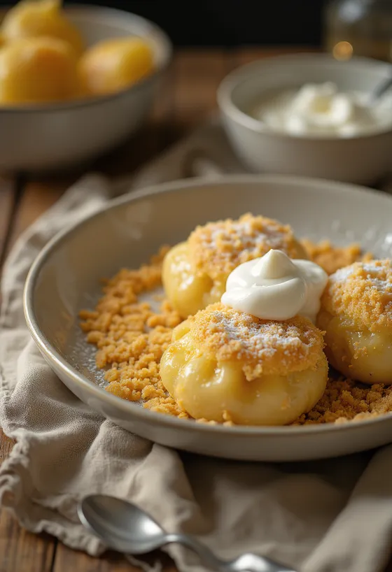 Bolas de requeijão em pão ralado torrado, servidas com natas azedas e açúcar