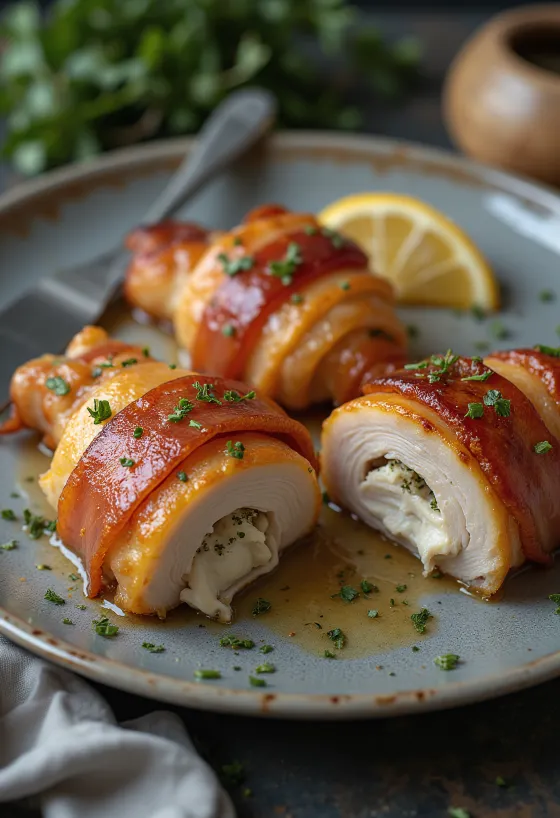 Peito de frango enrolado em bacon servido com legumes cozidos a vapor