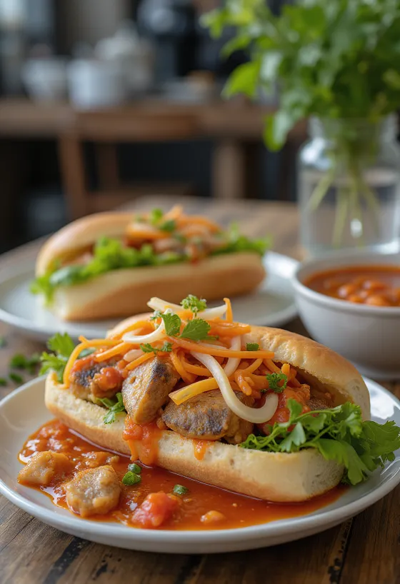 Bánh Mì Cá Mòi sanduíche de sardinha servida com legumes frescos e coentros.