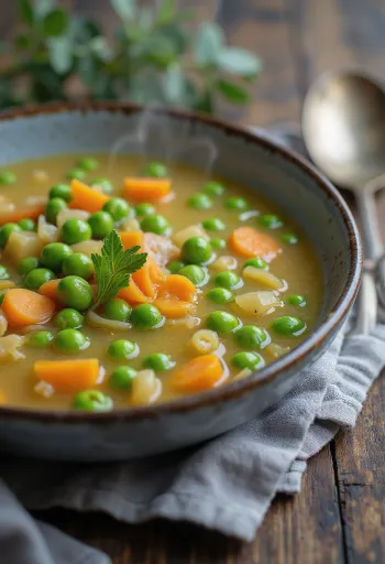 Sopa de ervilhas fresca decorada com vegetais crocantes e salsa