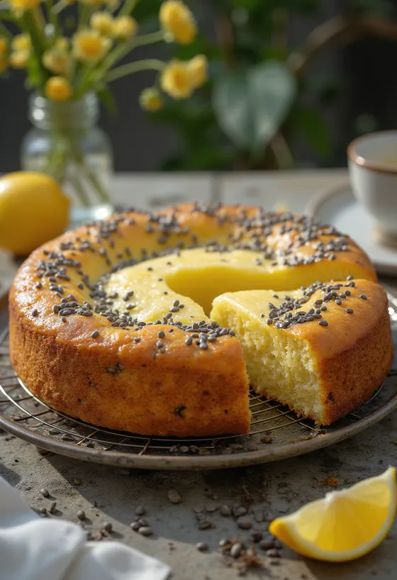 Bolo de limão com sementes de papoila fatiado