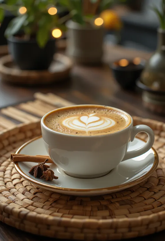 Bebida de café latte de canela e cravinho decorada com pau de canela e natas batidas