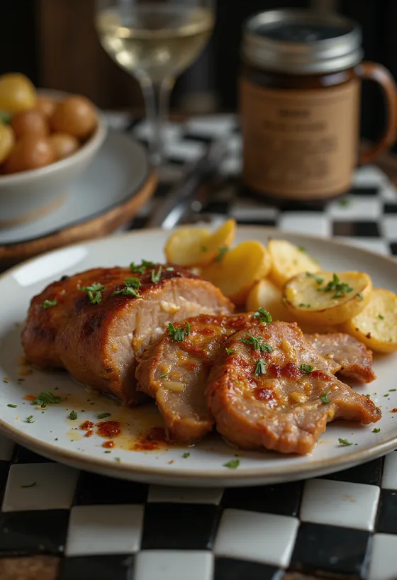 Cachaço com alho assado até ficar crocante, servido com ervas frescas