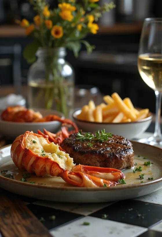 Lavagante e bife grelhados, prato de luxo surf and turf