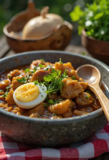 Gudeg de frango, servido com leite de coco e ovo, decorado com coentros frescos