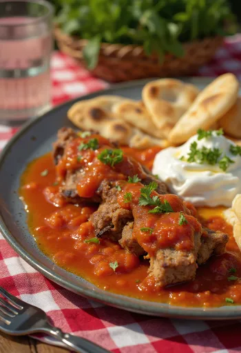 Kebab Iskender com molho de tomate picante, servido com molho de iogurte e alho e pão pita tostado