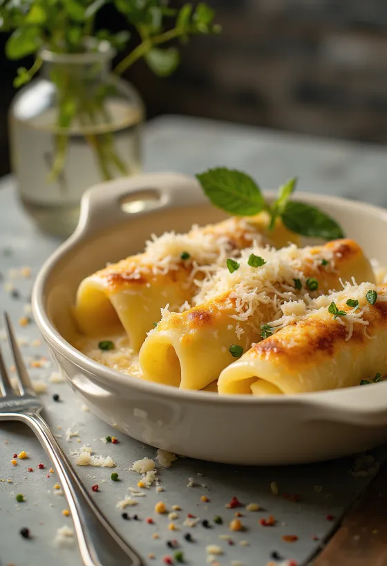 Cannelloni de batata e parmesão assados com crosta dourada