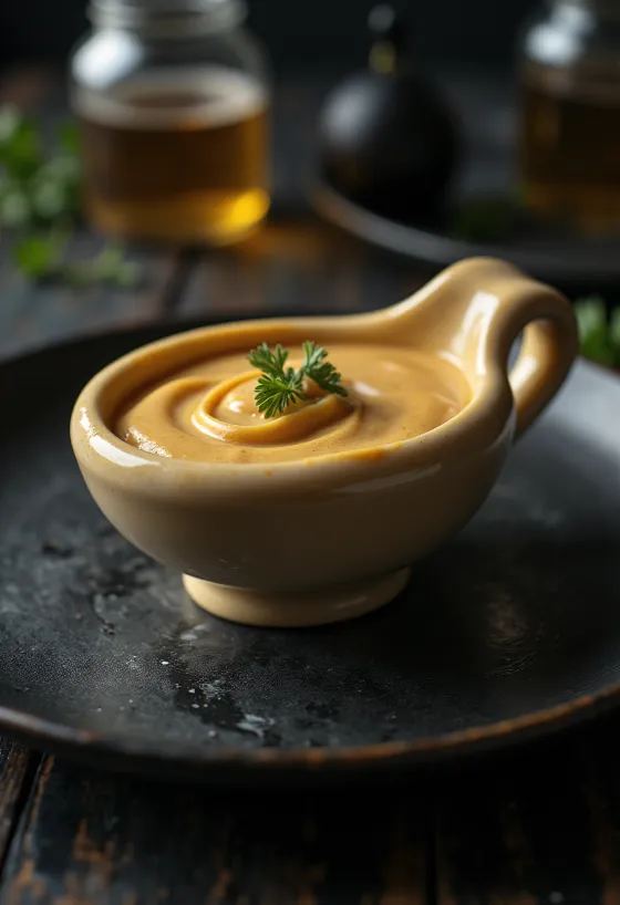 Molho de cerveja e mostarda servido em molheira