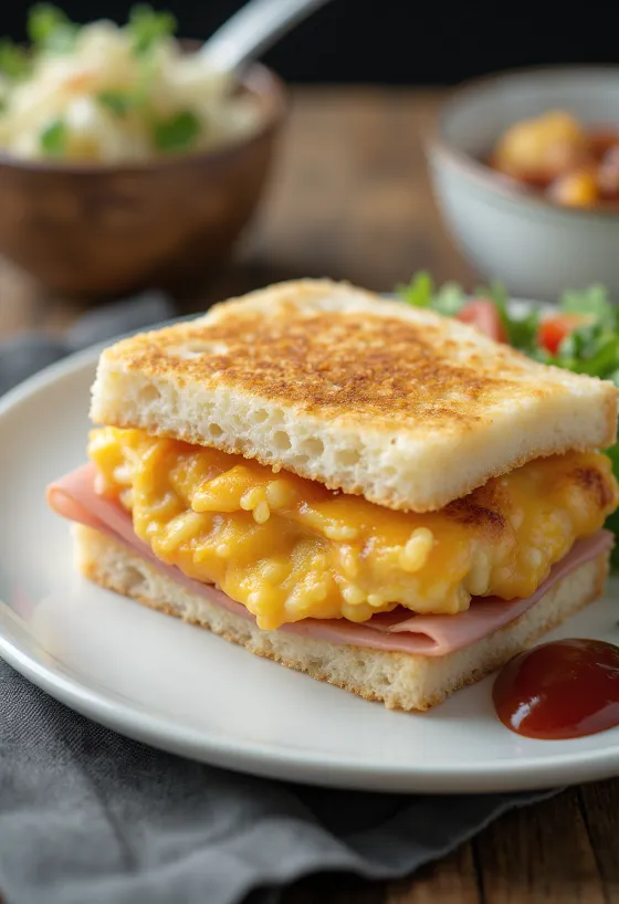 Sanduíche Omurice sando, com omelete dourada e arroz frito, em pão estaladiço