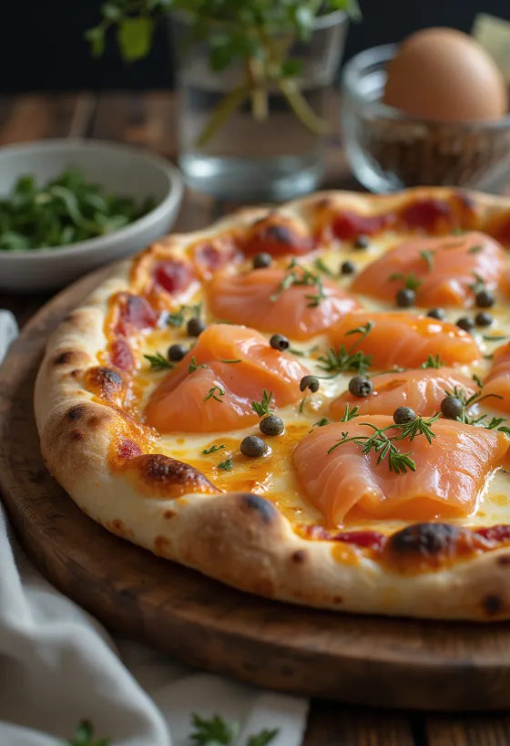 Pizza estilo dinamarquês com salmão fumado