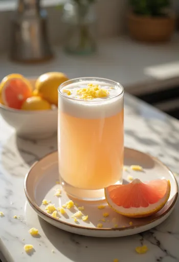 Kefir de toranja e ananás em copos, cor creme claro, com pedaços de fruta no topo