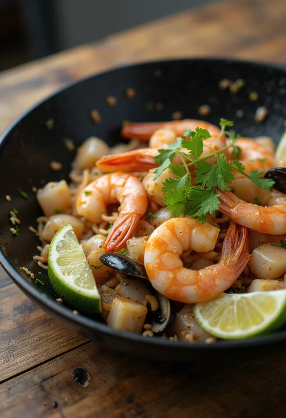 Marisco com especiarias Togarashi numa frigideira, com decoração de lima e coentros