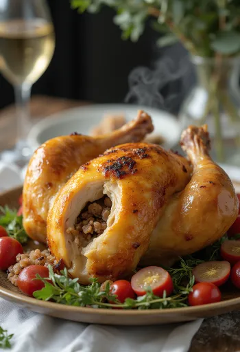 Frango recheado, servido com recheio saboroso e pele assada estaladiça