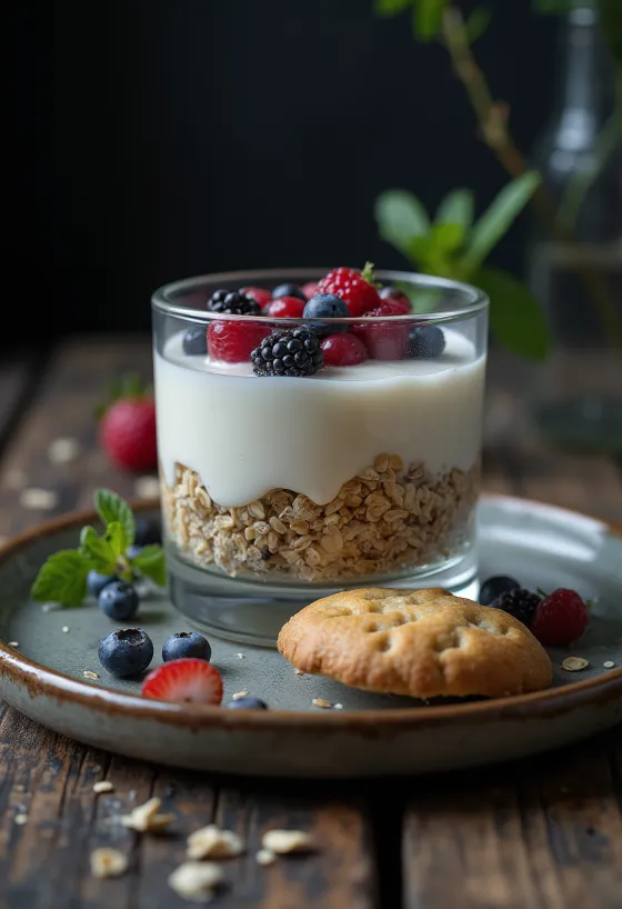 Panna cotta com base de bolacha de aveia em copo