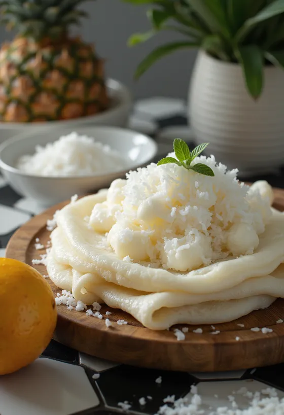 Beiju com coco ralado, tapioca branca com recheio de coco servida