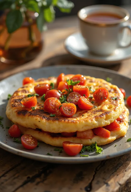 Crumpet servido com tomate, recém-frito, com exterior dourado
