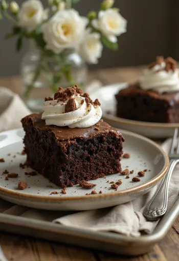 Bolo brownie de chocolate com chantilly e aparas de chocolate