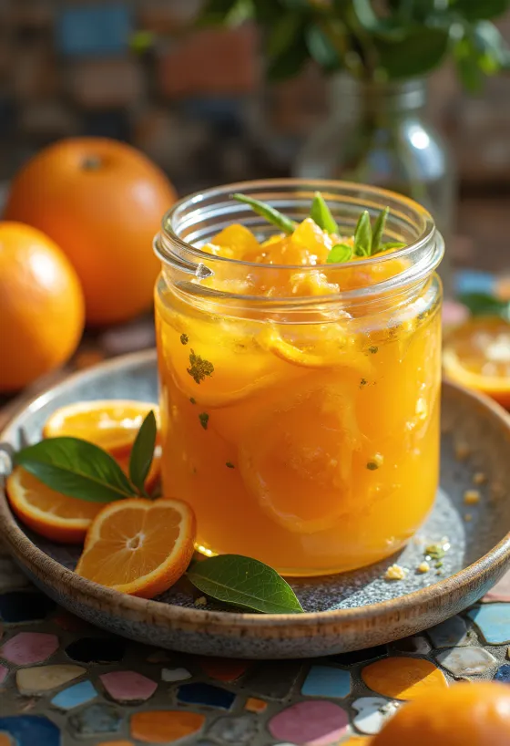 Chutney agridoce de laranja e gengibre servido num frasco