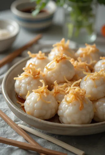 Tangyuan de carne, servido com cebola frita