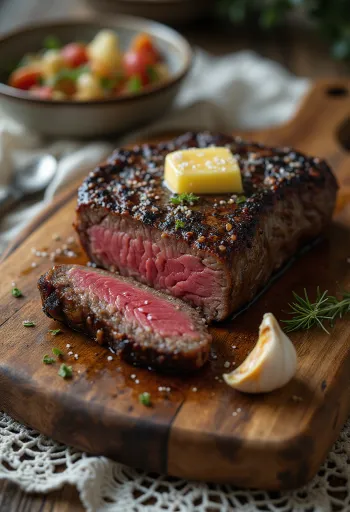 Bife de Kudu servido com gomos de limão e legumes.