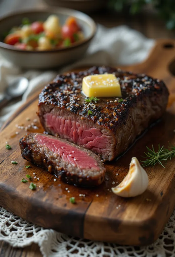 Bife de Kudu servido com gomos de limão e legumes.