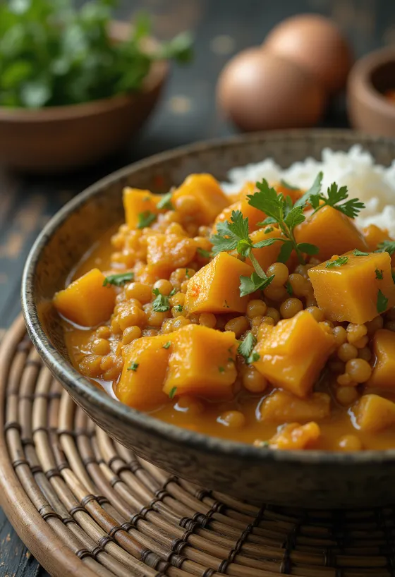 Caril de lentilhas com batata-doce servido