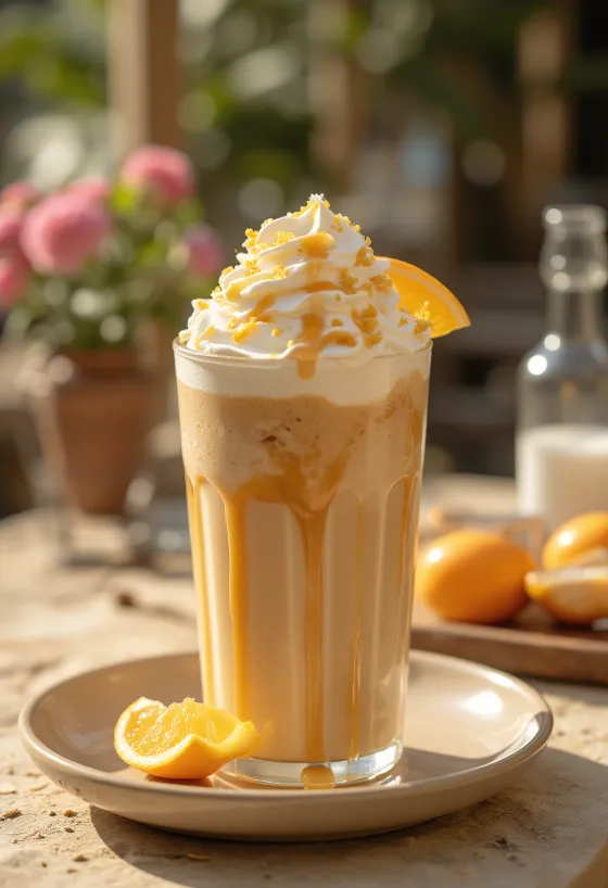 Bebida de café frappé de laranja e caramelo decorada com natas batidas e casca de laranja