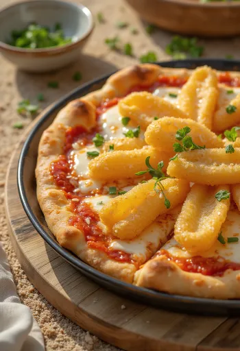 Pizza japonesa com legumes tempura servida