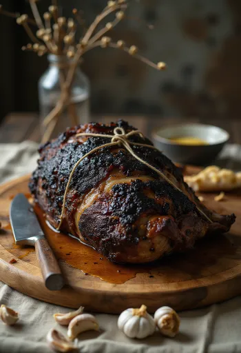 Javali assado no espeto com ervas e vegetais assados